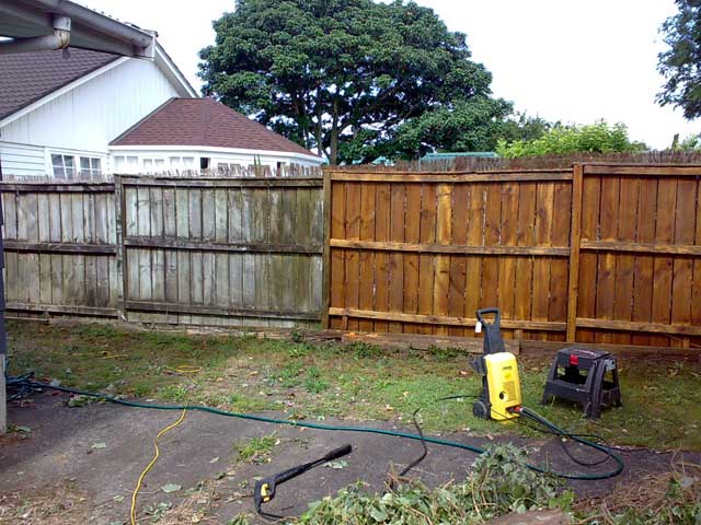 Partially water blastered fence